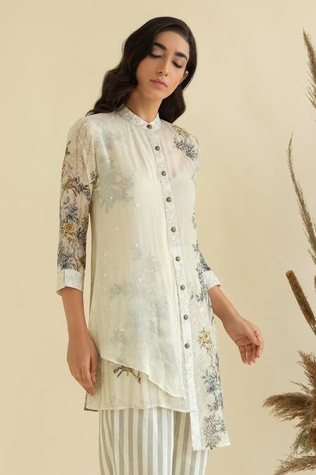 Kalista_Beige Crepe, Slub Mandarin Floral Print Kurta And Striped Pant Set _Online_at_Aza_Fashions