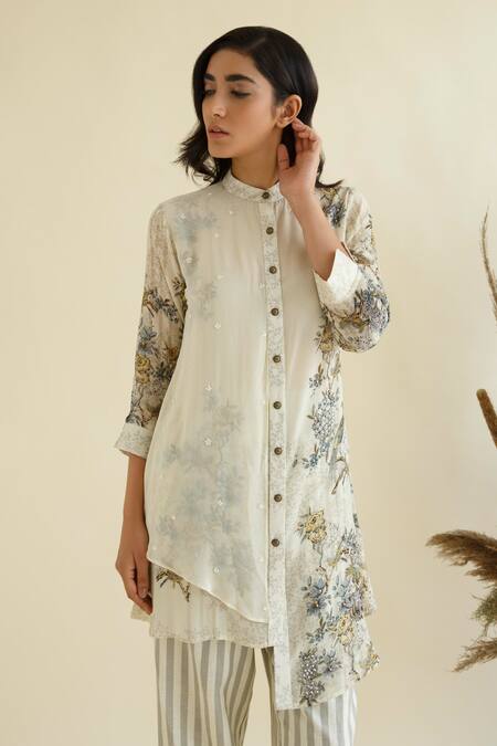 Buy_Kalista_Beige Crepe, Slub Mandarin Floral Print Kurta And Striped Pant Set _Online_at_Aza_Fashions