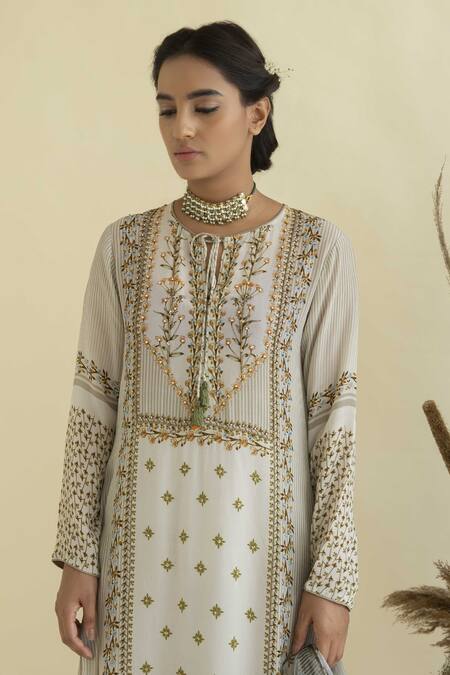 Kalista_Beige Georgette, Viscose Crepe Round Floral Print Kurta Set _Online_at_Aza_Fashions