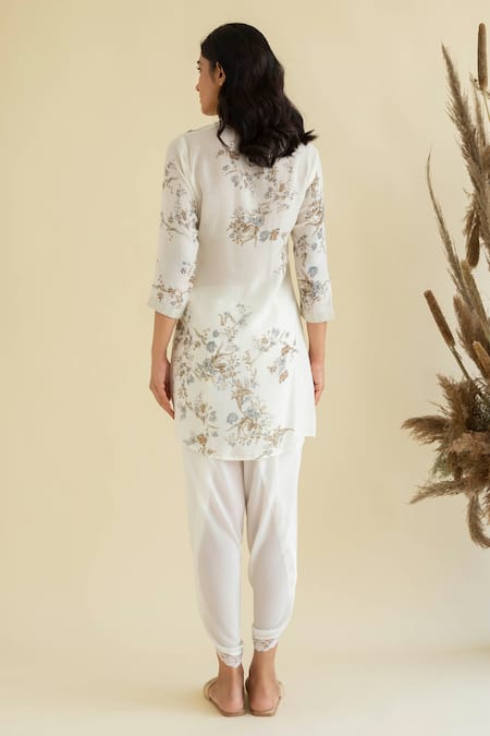 Shop Kalista Blue Cotton Silk Mandarin Collar Floral Print Kurta And Tulip Pant Set at Aza Fashions Shop_Kalista_Blue Cotton Silk Mandarin Collar Floral Print Kurta And Tulip Pant Set _at_Aza_Fashions