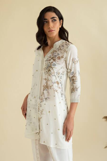 Kalista Blue Cotton Silk Mandarin Collar Floral Print Kurta And Tulip Pant Set Online at Aza Fashions Kalista_Blue Cotton Silk Mandarin Collar Floral Print Kurta And Tulip Pant Set _Online_at_Aza_Fashions