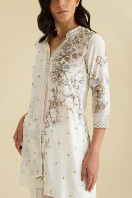 Buy Kalista Blue Cotton Silk Mandarin Collar Floral Print Kurta And Tulip Pant Set Online at Aza Fashions Buy_Kalista_Blue Cotton Silk Mandarin Collar Floral Print Kurta And Tulip Pant Set _Online_at_Aza_Fashions