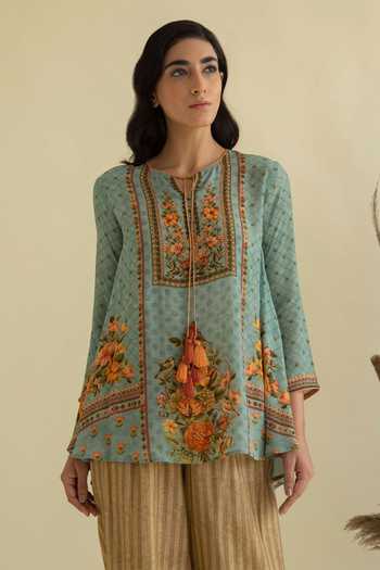 Kalista_Blue Crepe, Slub Round Floral Print Kurta And Striped Pant Set _Online_at_Aza_Fashions