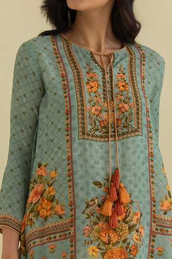 Buy_Kalista_Blue Crepe, Slub Round Floral Print Kurta And Striped Pant Set _Online_at_Aza_Fashions