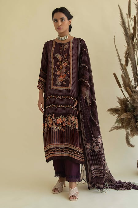 Kalista Maroon Viscose Crepe Round Floral Print Kurta Set 