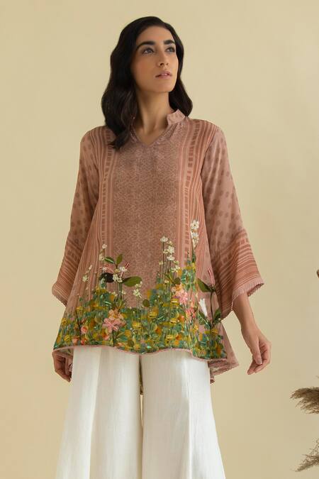 Kalista_Beige Crepe, Mandarin Floral Print Kurta And Flared Pant Set _Online_at_Aza_Fashions