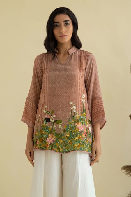 Buy_Kalista_Beige Crepe, Mandarin Floral Print Kurta And Flared Pant Set _Online_at_Aza_Fashions