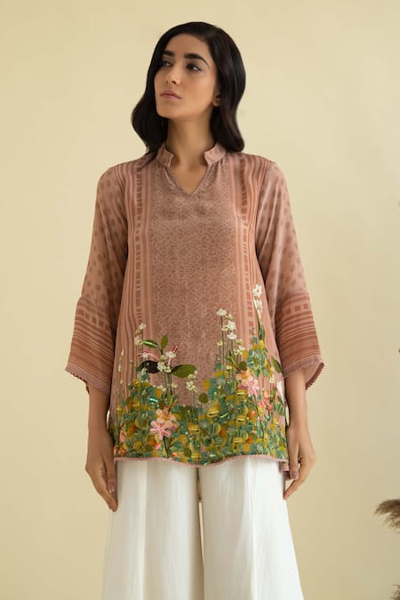 Shop_Kalista_Beige Crepe, Mandarin Floral Print Kurta And Flared Pant Set _Online_at_Aza_Fashions