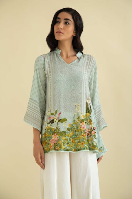 Buy_Kalista_Beige Crepe, Mandarin Floral Print Kurta And Flared Pant Set _Online_at_Aza_Fashions