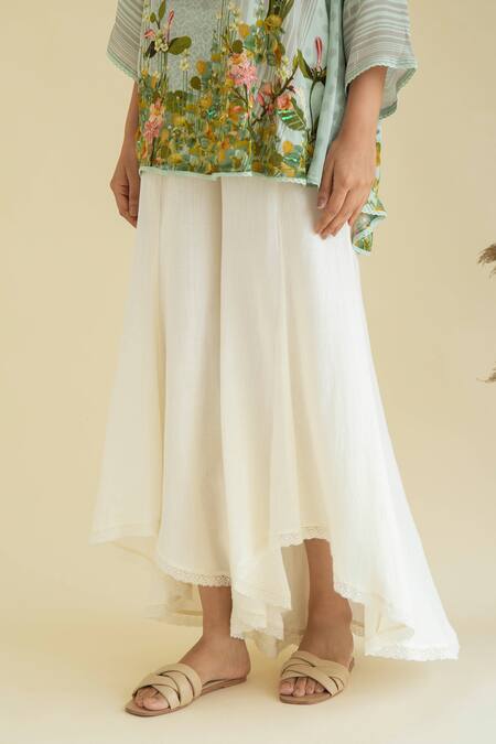 Shop_Kalista_Beige Crepe, Mandarin Floral Print Kurta And Flared Pant Set _Online_at_Aza_Fashions