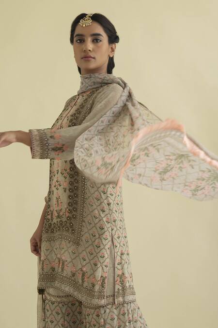 Kalista_Grey Viscose Georgette Round Floral Print Kurta Set _Online_at_Aza_Fashions