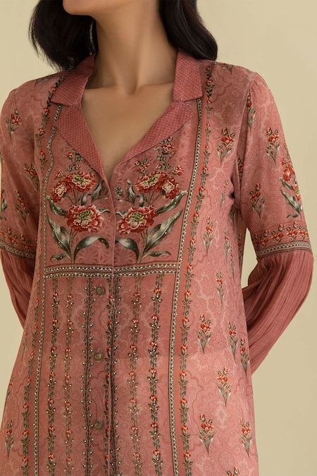 Buy Kalista Pink Crepe, Slub Notched Collar Floral Print Kurta And Pant Set Online at Aza Fashions Buy_Kalista_Pink Crepe, Slub Notched Collar Floral Print Kurta And Pant Set _Online_at_Aza_Fashions