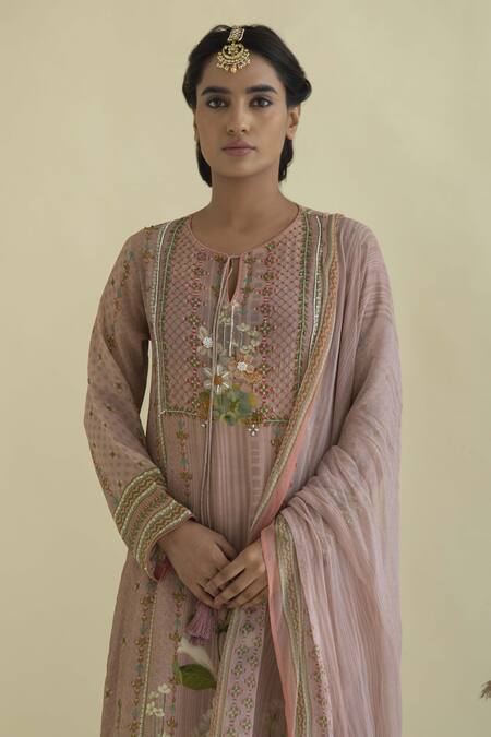 Kalista_Pink Georgette, Viscose Crepe Round Floral Print Kurta Set _Online_at_Aza_Fashions