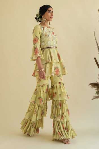 Kalista Green Viscose Round Floral Print Kurta And Gharara Set Online at Aza Fashions Kalista_Green Viscose Round Floral Print Kurta And Gharara Set _Online_at_Aza_Fashions