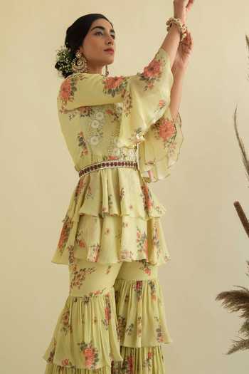 Buy Kalista Green Viscose Round Floral Print Kurta And Gharara Set Online at Aza Fashions Buy_Kalista_Green Viscose Round Floral Print Kurta And Gharara Set _Online_at_Aza_Fashions
