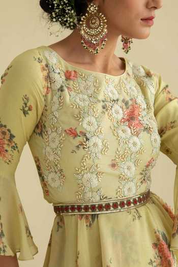 Kalista Green Viscose Round Floral Print Kurta And Gharara Set at Aza Fashions Kalista_Green Viscose Round Floral Print Kurta And Gharara Set _at_Aza_Fashions