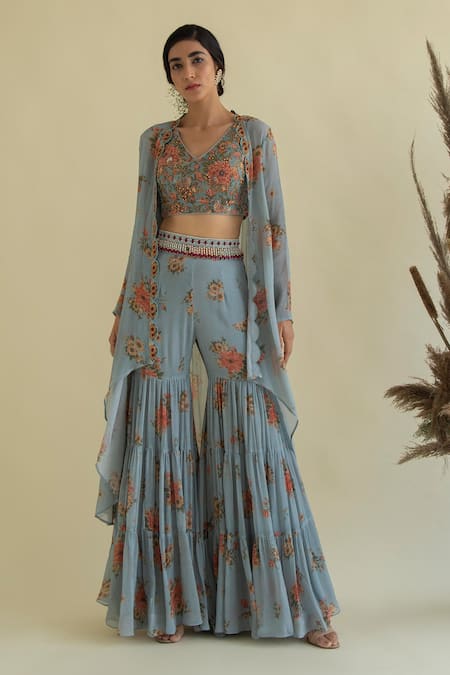 Kalista Floral Print Cape & Gharara Set 