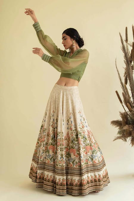 Buy_Kalista_Beige Organza, Dola Silk V Neck Embroidered Lehenga Set _Online_at_Aza_Fashions