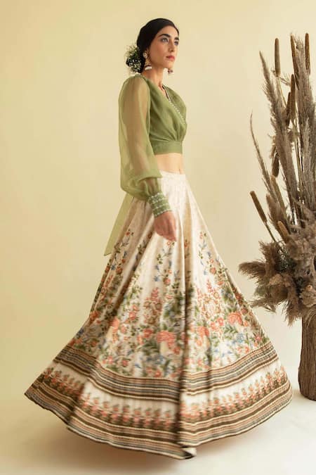 Kalista_Beige Organza, Dola Silk V Neck Embroidered Lehenga Set _Online_at_Aza_Fashions