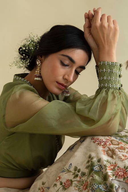 Kalista_Beige Organza, Dola Silk V Neck Embroidered Lehenga Set _at_Aza_Fashions