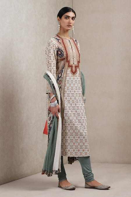 Ritu Kumar_Beige Kurta  Leggings Viscose Dupatta Voile Round Printed Set_Online_at_Aza_Fashions