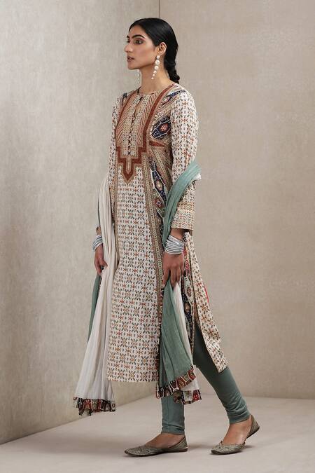 Buy_Ritu Kumar_Beige Kurta  Leggings Viscose Dupatta Voile Round Printed Set_Online_at_Aza_Fashions