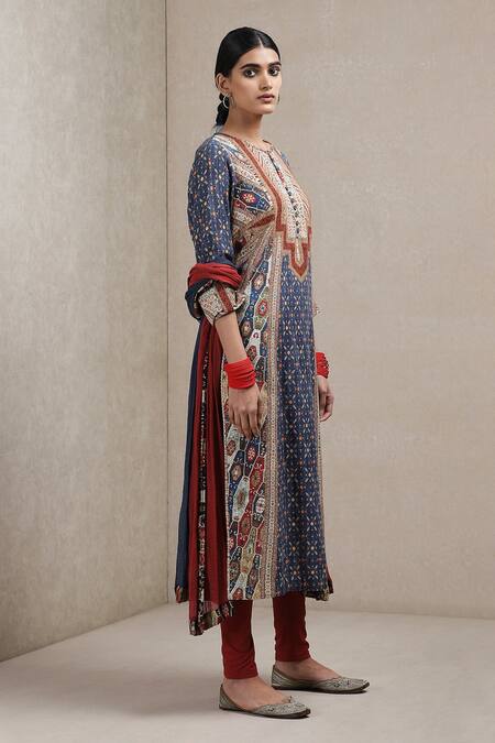 Ritu Kumar_Blue Kurta  Leggings Viscose Dupatta Voile Round Printed Set_Online_at_Aza_Fashions