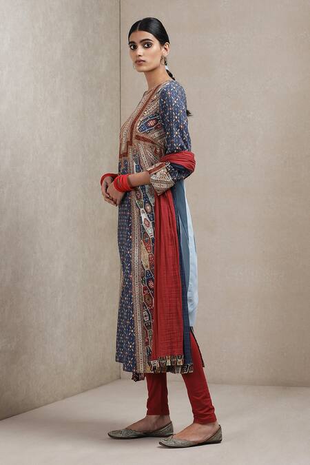 Buy_Ritu Kumar_Blue Kurta  Leggings Viscose Dupatta Voile Round Printed Set_Online_at_Aza_Fashions