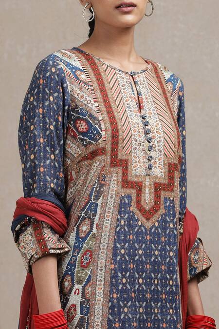 Shop_Ritu Kumar_Blue Kurta  Leggings Viscose Dupatta Voile Round Printed Set_Online_at_Aza_Fashions