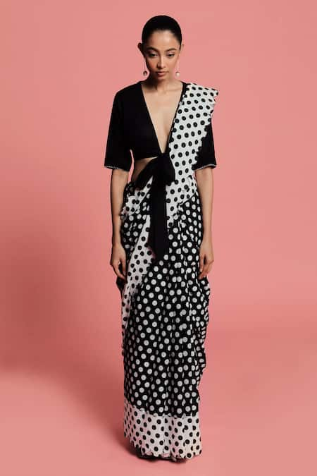 Label Earthen Polka Dot Print Saree with Blouse 