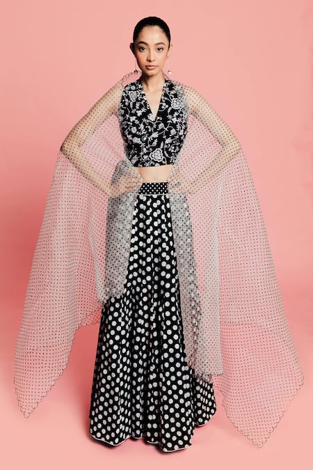 Label Earthen Black Polka Dot Lehenga Set For Kids