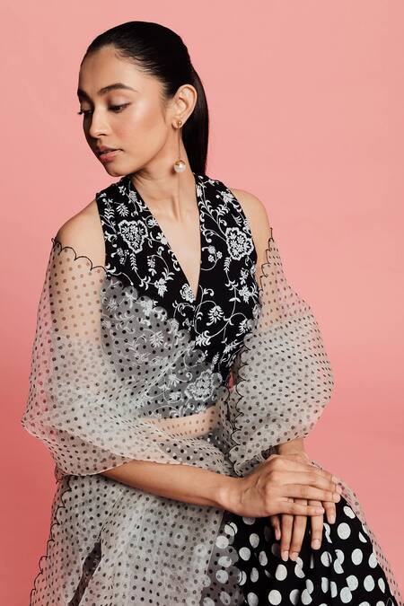 Label Earthen_Black Cotton, Silk, Organza Embroidery Polka Dot Lehenga Set For Kids_Online_at_Aza_Fashions