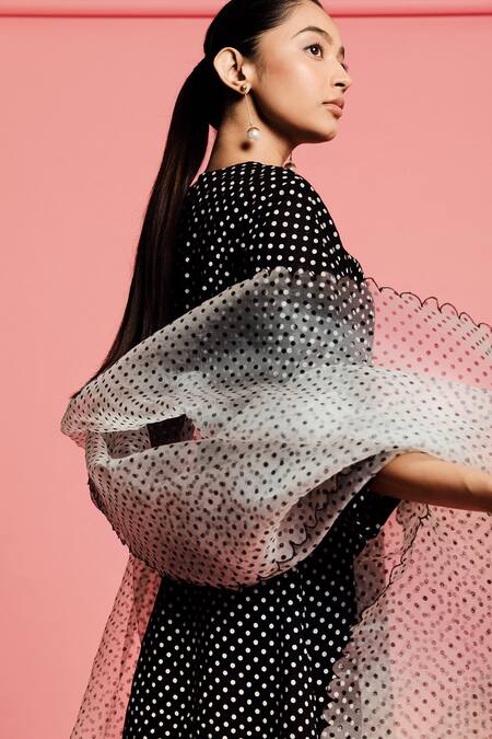 Shop Label Earthen Black Cotton, Organza Asymmetric Polka Dot Kurta Set For Kids Online at Aza Fashions Shop_Label Earthen_Black Cotton, Organza Asymmetric Polka Dot Kurta Set For Kids_Online_at_Aza_Fashions