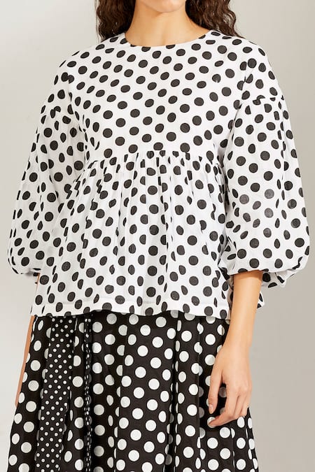 Label Earthen_Black Cotton Mal Round Polka Dot Print Skirt Set _at_Aza_Fashions