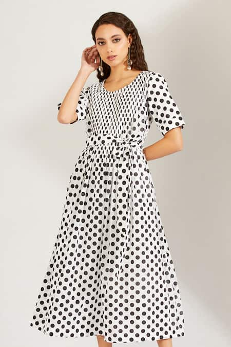 Label Earthen White Cotton Mal U Neck Polka Dot Print Dress  