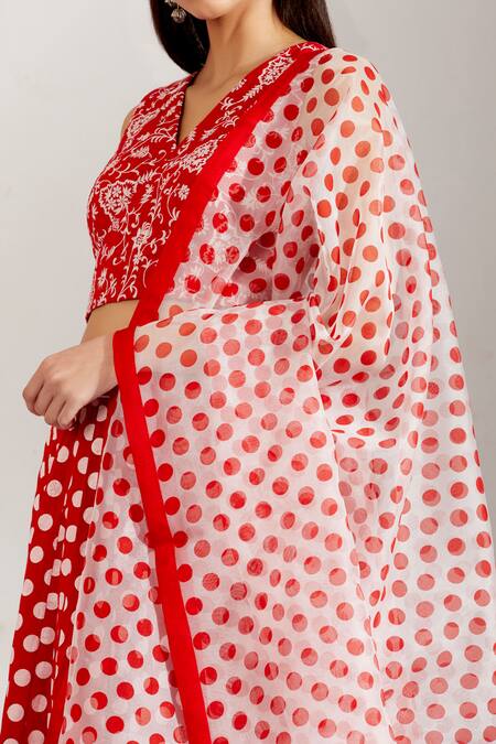 Label Earthen_Red Cotton Mal, Organza Silk V Neck Polka Dot Print Lehenga Set _at_Aza_Fashions