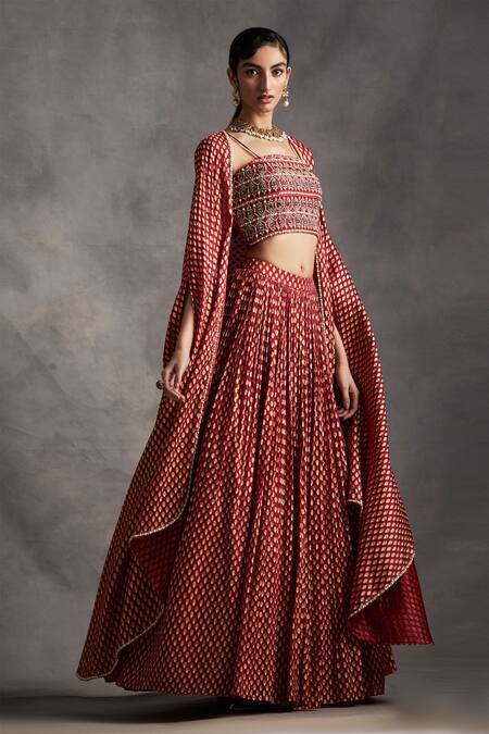 Bhumika Sharma_Red Organza, Net Open Printed Cape Lehenga Set_Online_at_Aza_Fashions