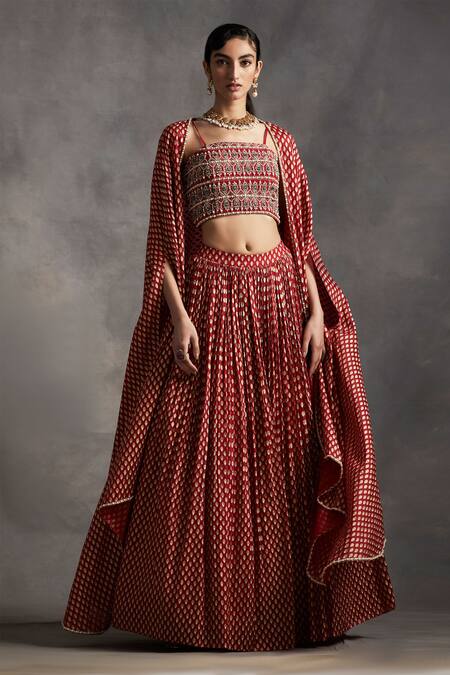 Buy_Bhumika Sharma_Red Organza, Net Open Printed Cape Lehenga Set_Online_at_Aza_Fashions