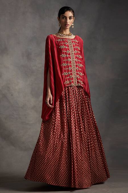 Bhumika Sharma_Red Organza, Satin Crepe Boat Printed Lehenga Set_Online_at_Aza_Fashions