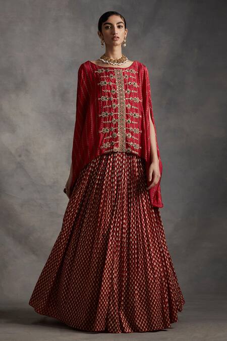 Buy_Bhumika Sharma_Red Organza, Satin Crepe Boat Printed Lehenga Set_Online_at_Aza_Fashions