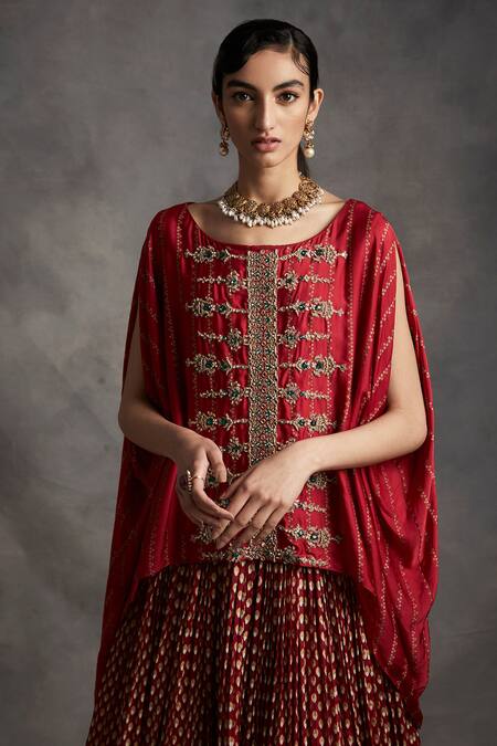 Shop_Bhumika Sharma_Red Organza, Satin Crepe Boat Printed Lehenga Set_Online_at_Aza_Fashions