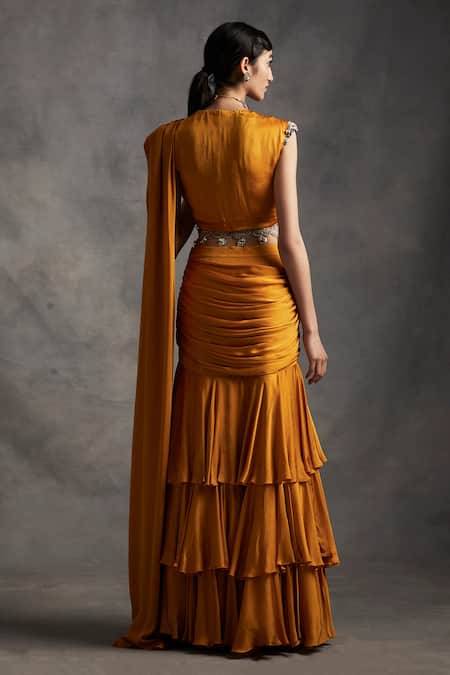 Shop_Bhumika Sharma_Yellow Satin Crepe V Neck Ruffle Pre-draped Lehenga Saree _at_Aza_Fashions