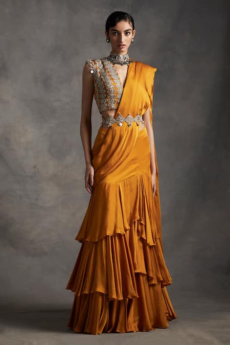 Bhumika Sharma_Yellow Satin Crepe V Neck Ruffle Pre-draped Lehenga Saree _Online_at_Aza_Fashions