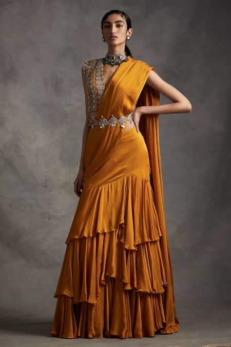 Buy_Bhumika Sharma_Yellow Satin Crepe V Neck Ruffle Pre-draped Lehenga Saree _Online_at_Aza_Fashions