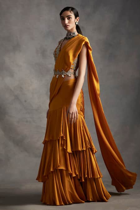 Shop_Bhumika Sharma_Yellow Satin Crepe V Neck Ruffle Pre-draped Lehenga Saree _Online_at_Aza_Fashions