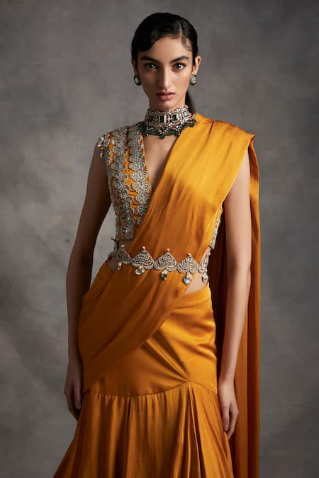 Bhumika Sharma_Yellow Satin Crepe V Neck Ruffle Pre-draped Lehenga Saree _at_Aza_Fashions