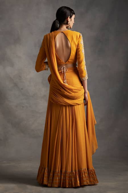 Shop_Bhumika Sharma_Yellow Satin Crepe Round Pre-draped Lehenga Saree _at_Aza_Fashions