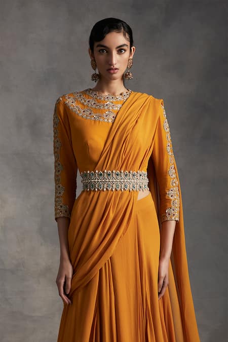 Shop_Bhumika Sharma_Yellow Satin Crepe Round Pre-draped Lehenga Saree _Online_at_Aza_Fashions