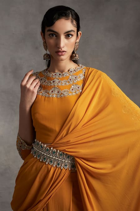 Bhumika Sharma_Yellow Satin Crepe Round Pre-draped Lehenga Saree _at_Aza_Fashions