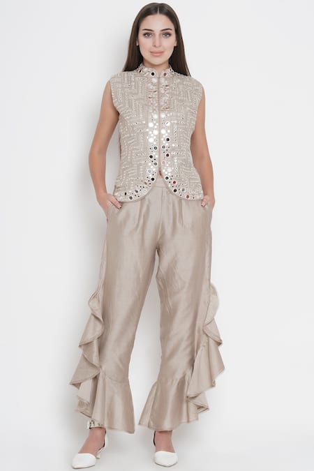 Twenty Nine_Grey Georgette Mandarin Collar Embroidered Jacket _Online_at_Aza_Fashions